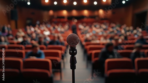 Stage Set with Microphone in Auditorium, Rows of Red Seats, Audience and Illuminated Stage, High Angle View