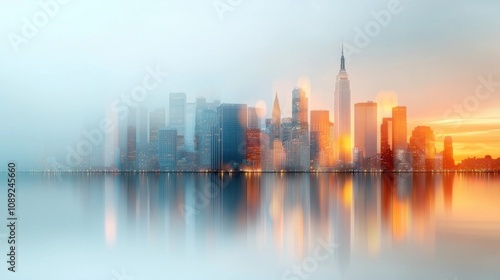 Majestic cityscape of a modern metropolitan skyline with tall skyscrapers and office buildings reflected in the tranquil waters at dusk The scene is bathed in a warm glowing light as the sun sets