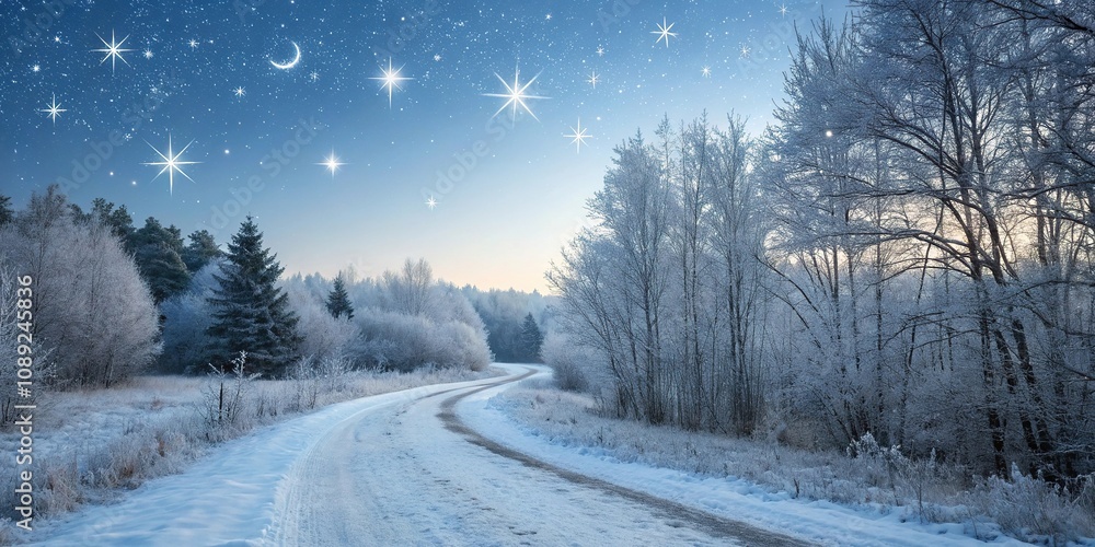 Snowflakes gently falling onto a winding forest path lined with frosty trees and radiant starlight twinkling above, woodland scenery, magical atmosphere, peaceful scene, snow-covered trees Snowflakes gently falling onto a winding forest path lined with frosty trees and radiant starlight twinkling above, woodland scenery, magical atmosphere, peaceful scene, snow-covered trees