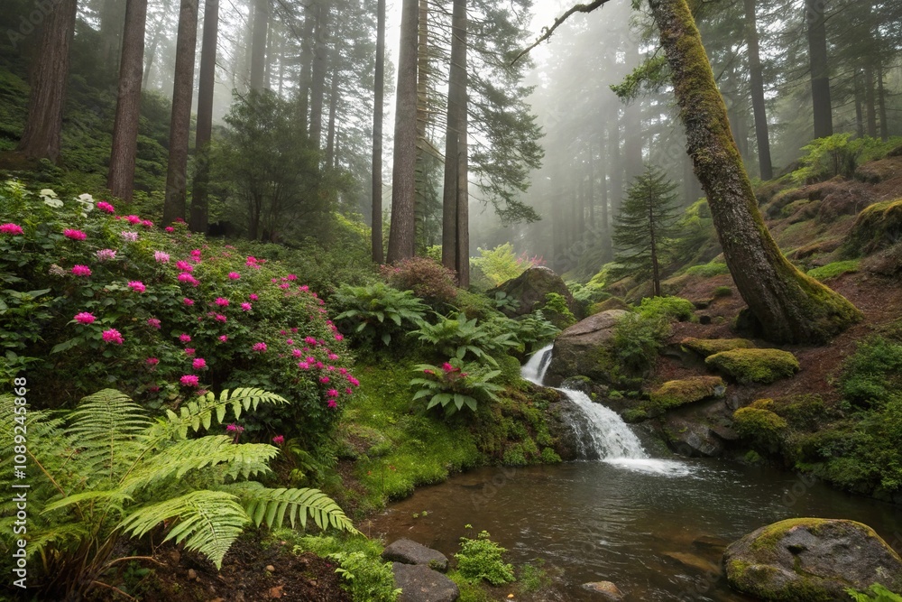A small clearing in the midst of a gloomy jungle, surrounded by tall trees and colorful flowers, with a tiny waterfall bubbling out from behind a fern, tropical, trees, clearing A small clearing in the midst of a gloomy jungle, surrounded by tall trees and colorful flowers, with a tiny waterfall bubbling out from behind a fern, tropical, trees, clearing