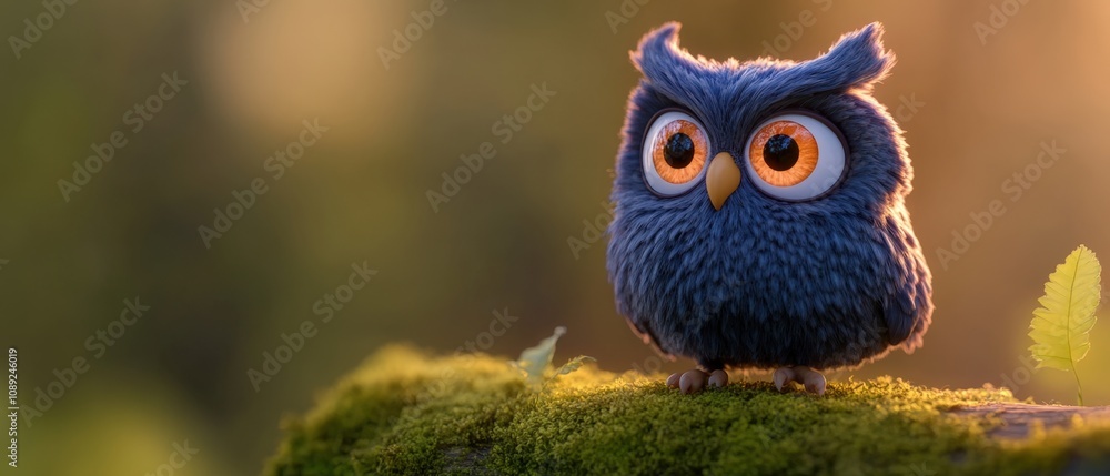 cute cartoon owl perched on a mossy log in a serene setting cute cartoon owl perched on a mossy log in a serene setting