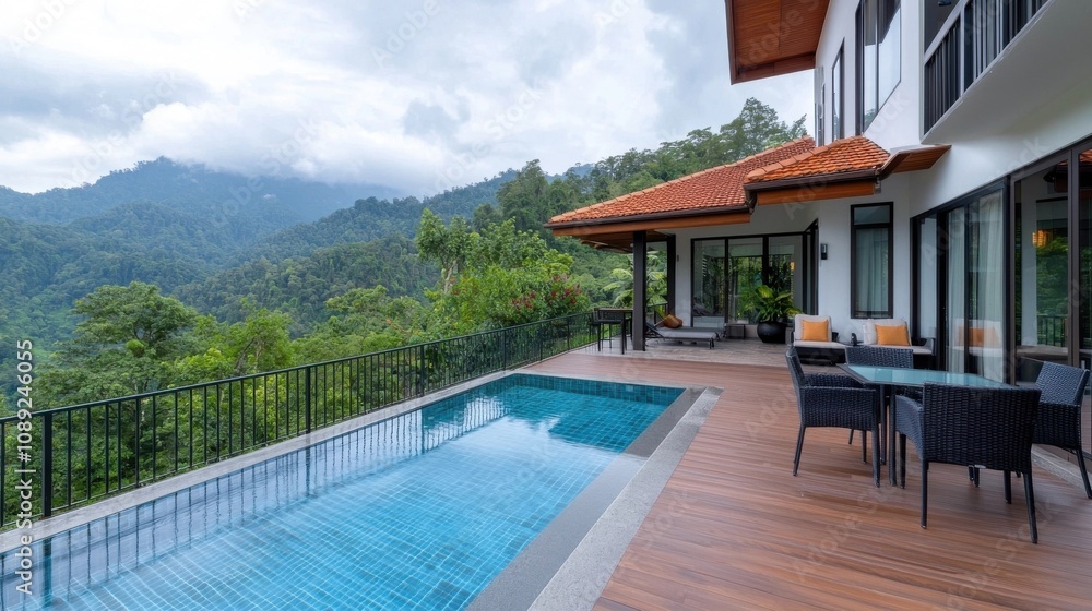 Obraz premium Luxurious tropical villa with infinity pool modern outdoor living space and breathtaking mountain views in a tranquil natural setting perfect for a relaxing vacation or retreat