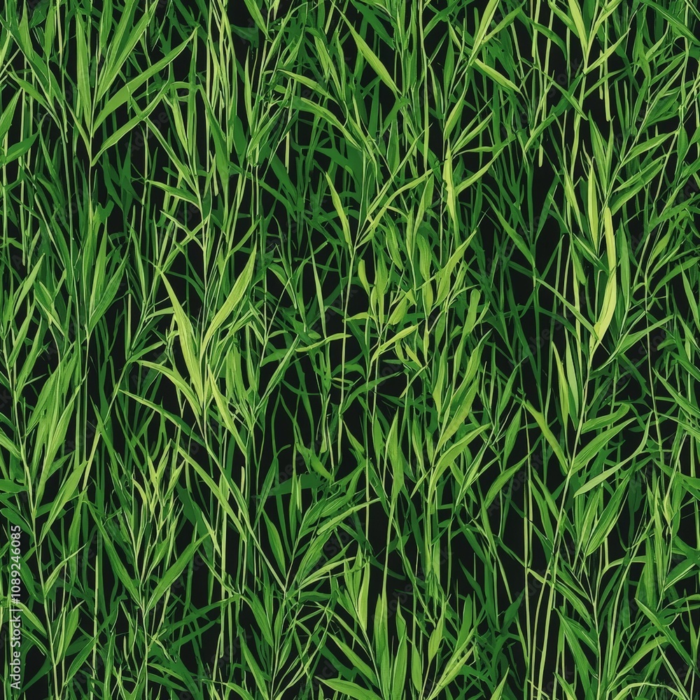 Obraz premium seamless background concept. A dense collection of green grass blades in a vertical orientation, showcasing healthy foliage against a dark background.
