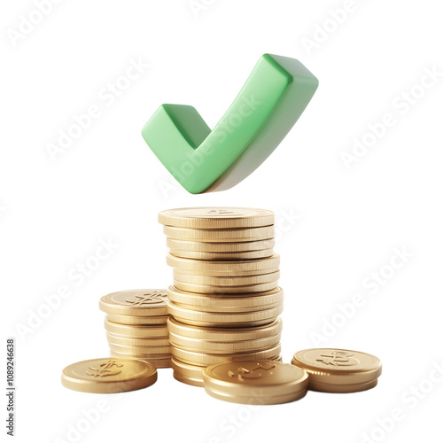 A 3D rendered image showing a green checkmark above stacks of gold coins symbolizing financial security and accomplishment.