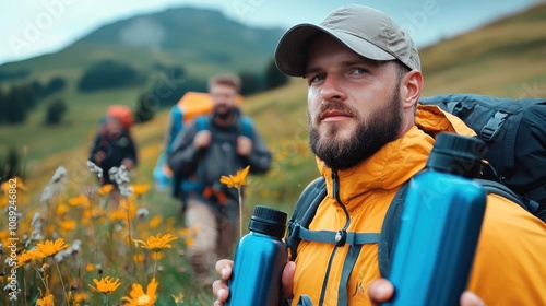 Bearded male hiker carrying backpack walking through colorful wildflower meadow with mountain range in the background Scenic outdoor nature travel concept