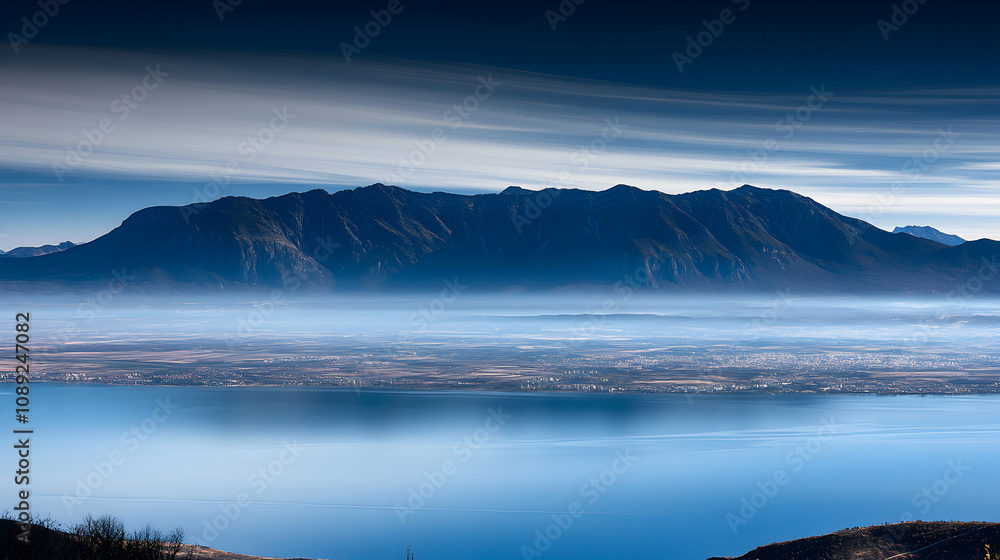Obraz premium Serene landscape photography featuring a majestic mountain range shrouded in mist, overlooking a vast expanse of land and water. A peaceful and tranquil scene.