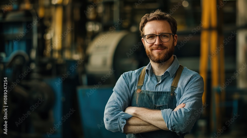 Fototapeta premium A smiling man in an apron stands confidently in an industrial workshop.