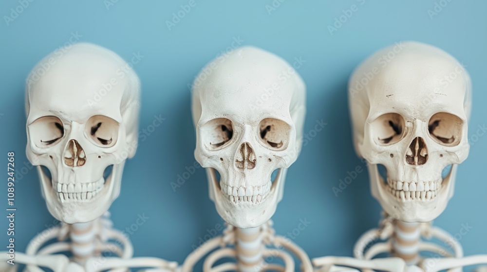 Three anatomical skulls against a blue background. Three anatomical skulls against a blue background.