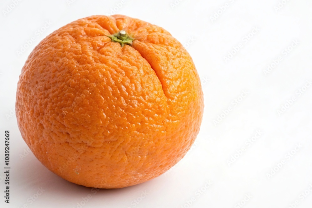 Against a stark white background, a perfectly ripe orange is displayed in all its glory, its subtle wrinkles and creases adding character to this visually appealing Against a stark white background, a perfectly ripe orange is displayed in all its glory, its subtle wrinkles and creases adding character to this visually appealing