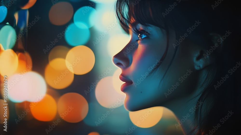 Woman's profile, illuminated by city lights at night. Woman's profile, illuminated by city lights at night.