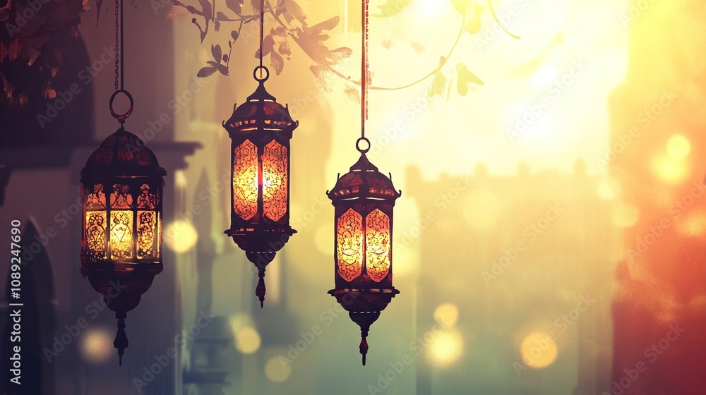 one hanging Islamic lanterns on a blurry light background. it will be on the left side of the artboard, generative ai one hanging Islamic lanterns on a blurry light background. it will be on the left side of the artboard, generative ai