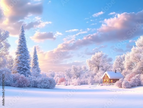 Snow-covered forest with a small wooden cabin decorated for Christmas warm lights inside photo