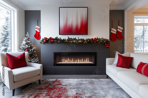 A contemporary living room with a wall-mounted electric fireplace framed by a sleek black mantel