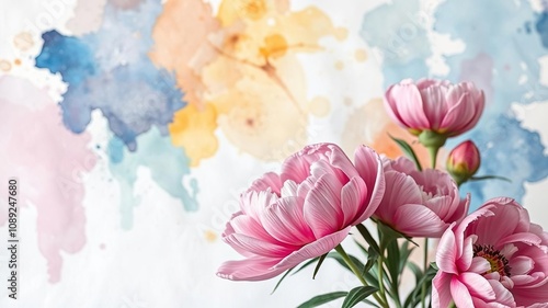 Fototapeta Naklejka Na Ścianę i Meble -  Abstract watercolor splashes on a canvas with a few elegant pink peonies in the foreground, greenery, peony
