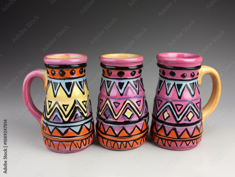Colorful handmade pottery mugs with unique designs and patterns