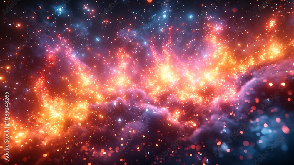 Cosmic nebula with vibrant red, orange, and blue hues, glowing particles and dark clouds. Cosmic nebula with vibrant red, orange, and blue hues, glowing particles and dark clouds.