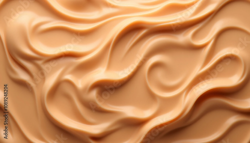 Creamy texture of beige cosmetic product with smooth swirl patterns on light background