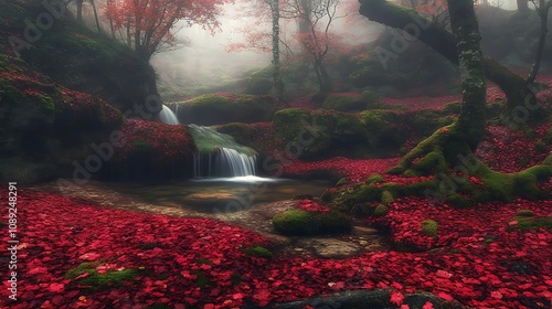 A stunning autumn landscape showcasing mossy rocks and a flowing stream through a wooded area in Spain. The natural beauty of the forest is enhanced by vibrant red leaves scattered on the ground, capt