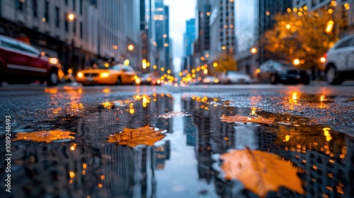 Rainy night in the city with a dramatic moody atmosphere Taxi cabs drive through the street their lights reflecting in the puddles on the wet pavement The urban cityscape is illuminated