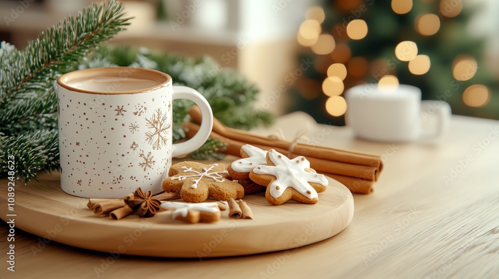 Cozy winter scene with a cup of warm beverage, cinnamon sticks, and festive cookies on a wooden platter. Cozy winter scene with a cup of warm beverage, cinnamon sticks, and festive cookies on a wooden platter.