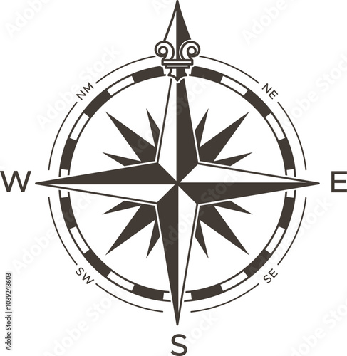 Classic compass rose design indicating the four cardinal directions, ideal for navigation, travel, and exploration themes