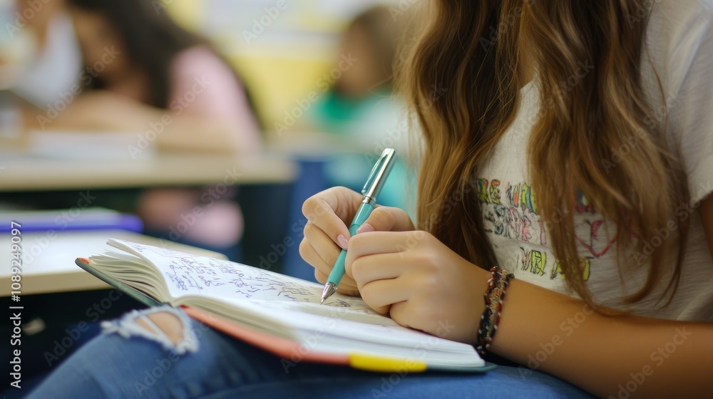 A female student writing in her notebook while sitting at a desk, focus on the hand holding a pen and a book, close-up of hands. Capturing the student through the learning process A female student writing in her notebook while sitting at a desk, focus on the hand holding a pen and a book, close-up of hands. Capturing the student through the learning process