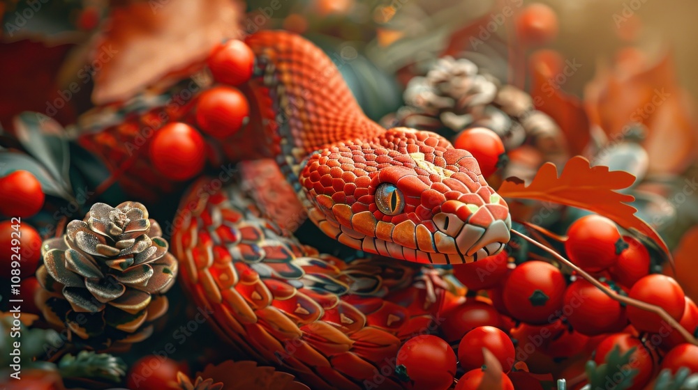 A vibrant red snake with yellow and green patterns lies coiled amongst red berries, brown pinecones, and green leaves in a close-up shot. A vibrant red snake with yellow and green patterns lies coiled amongst red berries, brown pinecones, and green leaves in a close-up shot.
