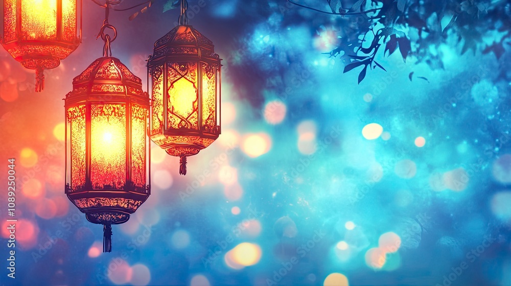 one hanging Islamic lanterns on a blurry light background. it will be on the left side of the artboard, generative ai one hanging Islamic lanterns on a blurry light background. it will be on the left side of the artboard, generative ai
