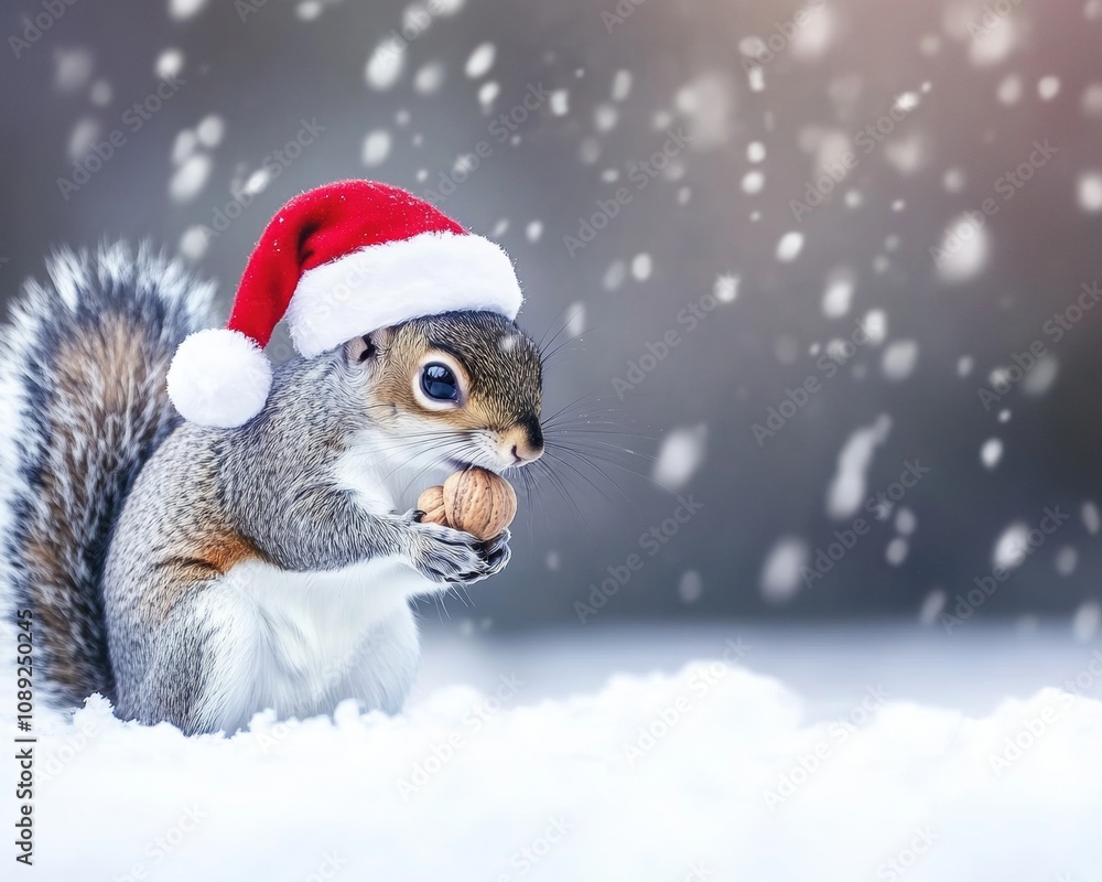 Squirrel gathering nuts near a snow-covered tree small Santa hat Squirrel gathering nuts near a snow-covered tree small Santa hat