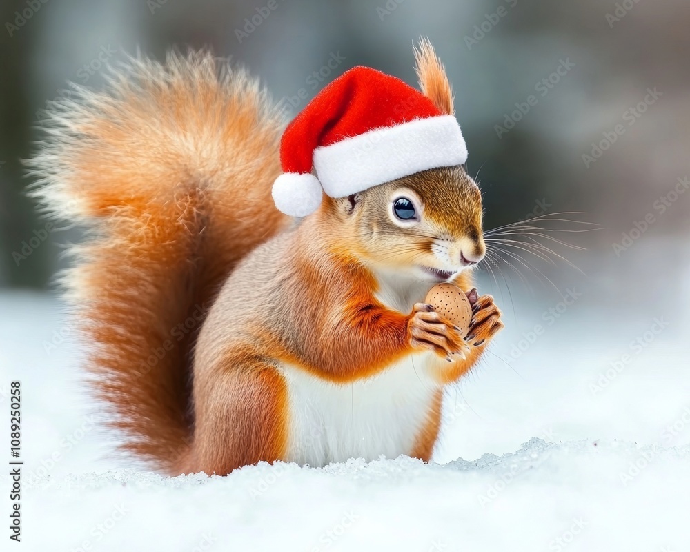 Squirrel gathering nuts near a snow-covered tree small Santa hat Squirrel gathering nuts near a snow-covered tree small Santa hat