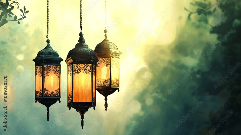 one hanging Islamic lanterns on a blurry light background. it will be on the left side of the artboard, generative ai one hanging Islamic lanterns on a blurry light background. it will be on the left side of the artboard, generative ai