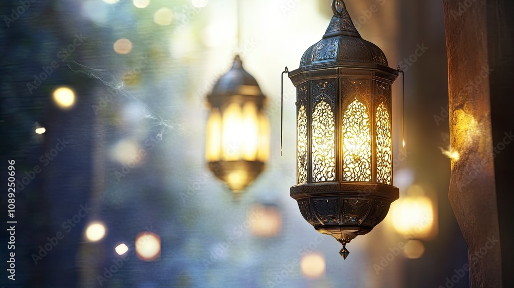 one hanging Islamic lanterns on a blurry light background. it will be on the left side of the artboard, generative ai one hanging Islamic lanterns on a blurry light background. it will be on the left side of the artboard, generative ai