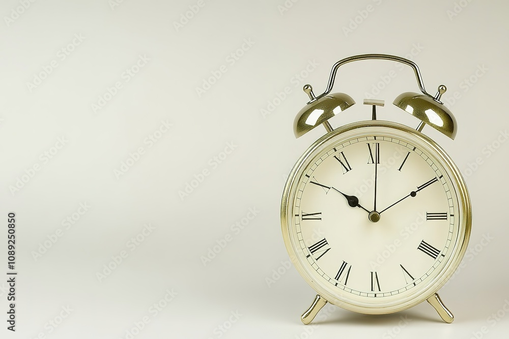 Classic alarm clock on plain background, minimalistic design