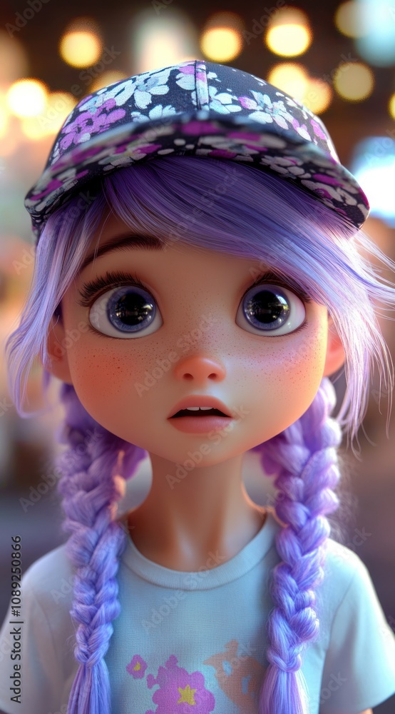 A digital illustration of a young girl with purple hair and braids, wearing a cap and t-shirt. A digital illustration of a young girl with purple hair and braids, wearing a cap and t-shirt.