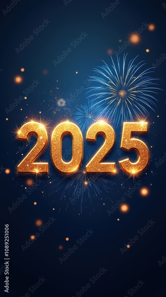 Glittering Golden 2025 Numbers with Spectacular Fireworks Display Against Deep Blue Night Sky, New Year Celebration Background with Festive Bokeh Effects Glittering Golden 2025 Numbers with Spectacular Fireworks Display Against Deep Blue Night Sky, New Year Celebration Background with Festive Bokeh Effects