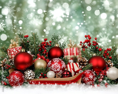 Vintage sled with Christmas gifts red and green decorations