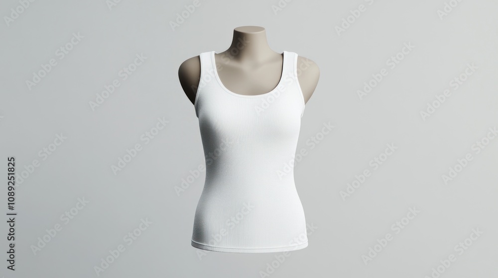 A white ribbed tank top displayed on a mannequin against a neutral background. A white ribbed tank top displayed on a mannequin against a neutral background.