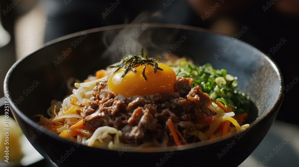 Bibimbap bowl featuring steaming vegetables, ground beef, a golden egg yolk, and a garnish of seaweed against a dark background Bibimbap bowl featuring steaming vegetables, ground beef, a golden egg yolk, and a garnish of seaweed against a dark background