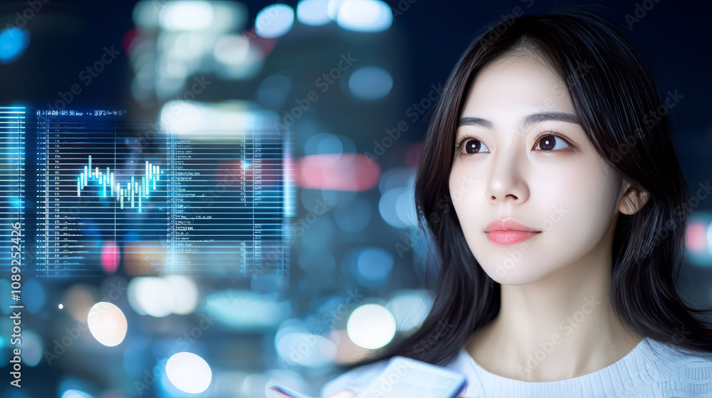 Naklejka premium female developer analyzing data trends for mobile app project