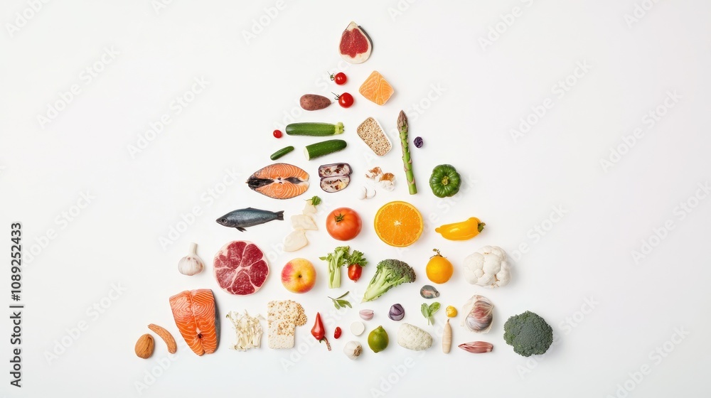 Food category pie chart and pyramid diagram featuring vibrant vegetables, fruits, grains, dairy, seafood, and meat arranged artistically on a clean white background. Food category pie chart and pyramid diagram featuring vibrant vegetables, fruits, grains, dairy, seafood, and meat arranged artistically on a clean white background.