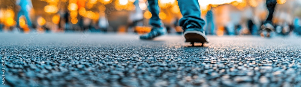 Close-up of skateboarding feet on a textured surface during sunset. Close-up of skateboarding feet on a textured surface during sunset.