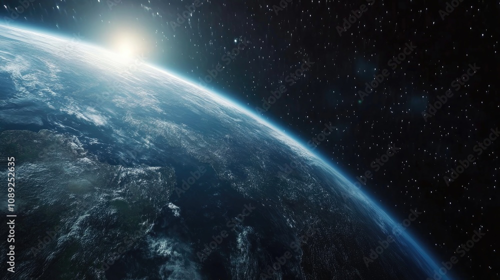 Fototapeta premium Astronaut Exploring Deep Space with Earth in View Surrounded by Stars and a Sunrise on the Horizon