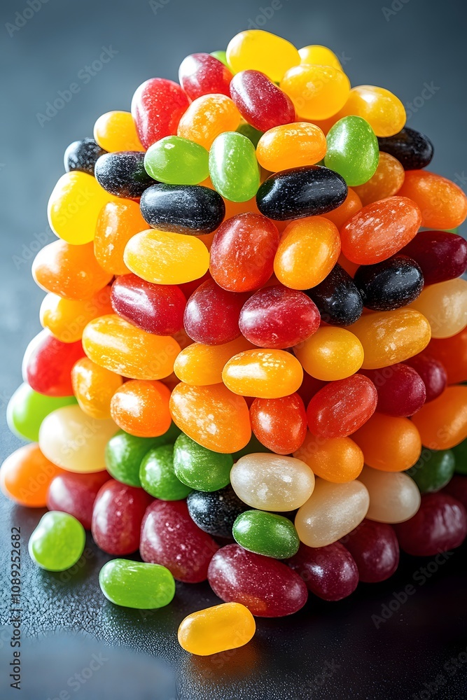 A colorful pile of jelly beans arranged in a mound, showcasing various vibrant colors. A colorful pile of jelly beans arranged in a mound, showcasing various vibrant colors.