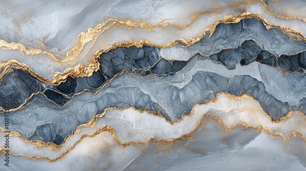 Naklejka premium Acrylic fluid art with blue waves and shimmering gold accents, creating an abstract stone-like texture with layered gray and white tones.