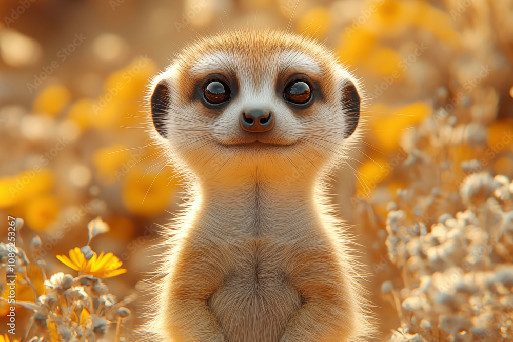 Fototapeta premium A stunning close-up of a meerkat showcasing its curious gaze and intricate fur details. Perfect for wall art, prints, or unique merchandise that celebrates nature’s charm.