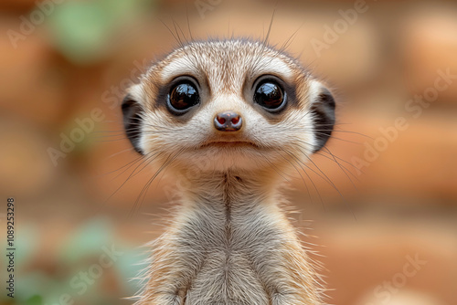 A stunning close-up of a meerkat showcasing its curious gaze and intricate fur details. Perfect for wall art, prints, or unique merchandise that celebrates nature’s charm. photo