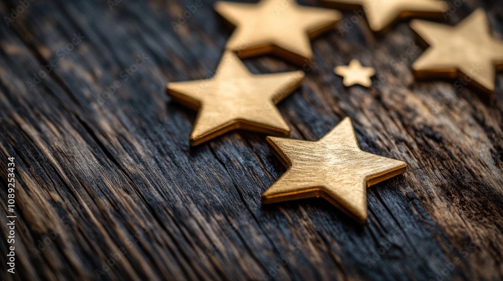 Golden five-pointed stars arranged on a rustic wooden background, symbolizing customer satisfaction, reputation management, and positive feedback evaluation. Golden five-pointed stars arranged on a rustic wooden background, symbolizing customer satisfaction, reputation management, and positive feedback evaluation.