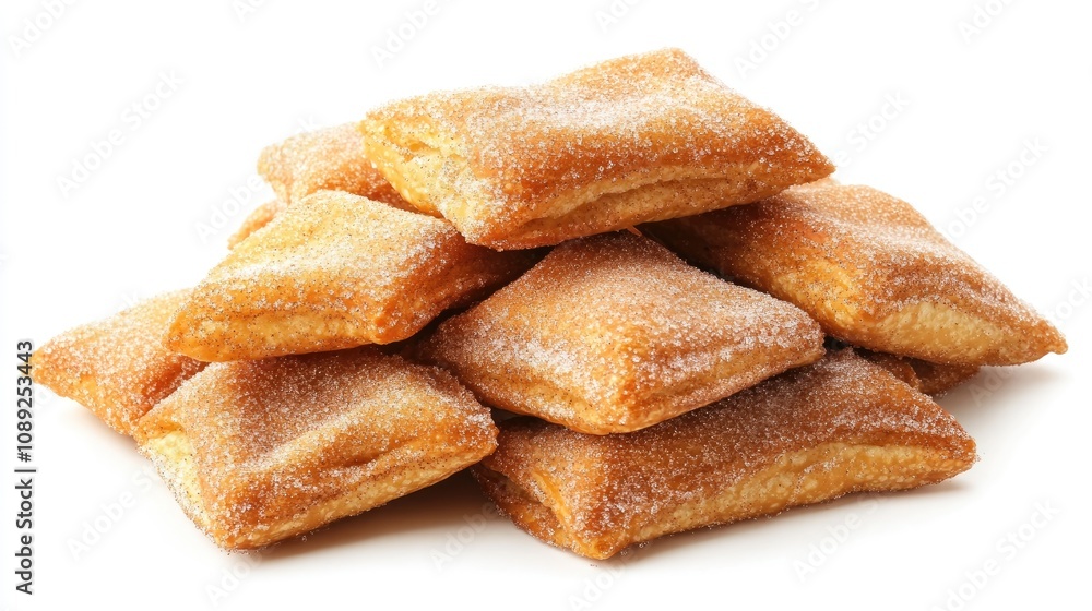 Cinnamon pastries dusted with sugar stacked on a clean white background, ideal for culinary presentations and recipe illustrations. Cinnamon pastries dusted with sugar stacked on a clean white background, ideal for culinary presentations and recipe illustrations.