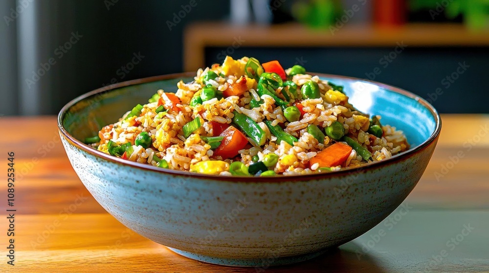 Bowl of fried rice with colorful veggies, warm lighting, cozy Chinese meal, homestyle and welcoming look Bowl of fried rice with colorful veggies, warm lighting, cozy Chinese meal, homestyle and welcoming look