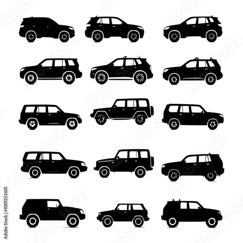 Assorted Vehicle Silhouettes Featuring SUVs and Sedans